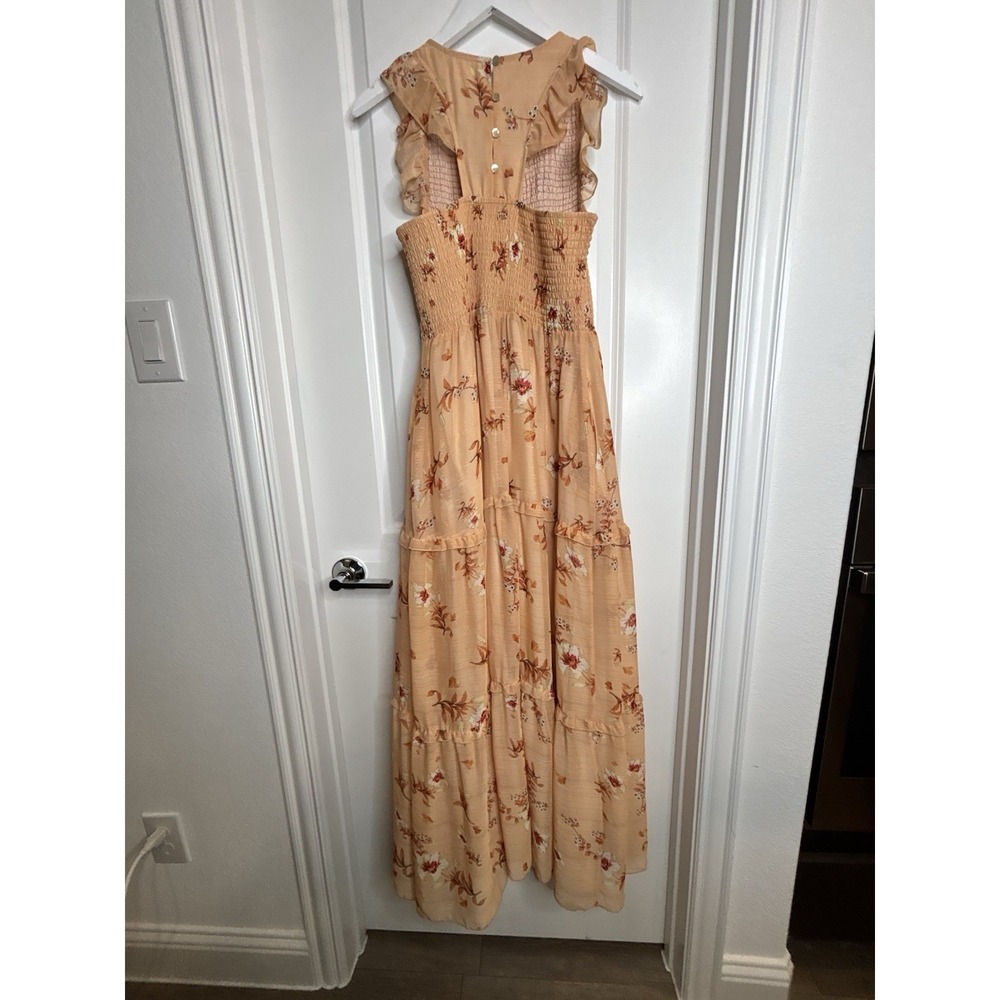 Melloday Women's Large Peach‎ Boho Floral Smocked  Tiered Maxi Dress - Picture 6 of 16